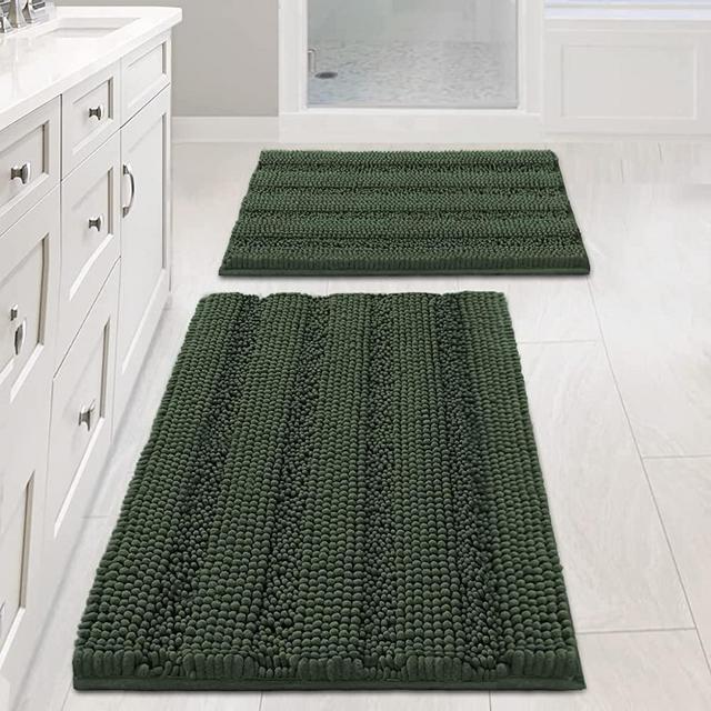 Extra Thick Chenille Striped Pattern Bath Rugs for Bathroom Non Slip - Soft Plush Shaggy Bath Mats for Bathroom Floor, Indoor Mats Rugs for Entryway (Bronze Green, 32 x 20 Plus 24 x 17 - Inches)