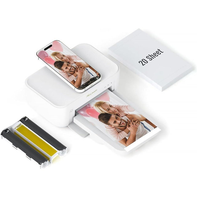 HPRT 4x6 Photo Printer, +20 Sheets&1 Ribbon, Picture Printer for iPhone, Android, Portable Dye-Sublimation, AR Video Printing（White）