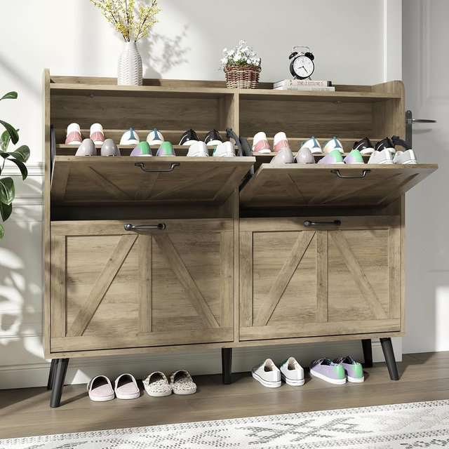NOVAMAISON Shoe Cabinet with 4 Flip Drawers, Farmhouse Shoe Cabinet Storage for Entryway Slim, Freestanding Shoe Organizer Hidden Shoe Rack Cabinet with Wooden Legs, Rustic Oak