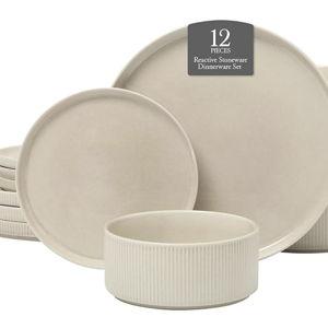 Gibson Elite Solana Coast 12 Piece Stoneware Reactive Glaze (Service for 4) Ceramic Plates and Bowls Modern Shape Embossed Dinnerware Set - Cream White