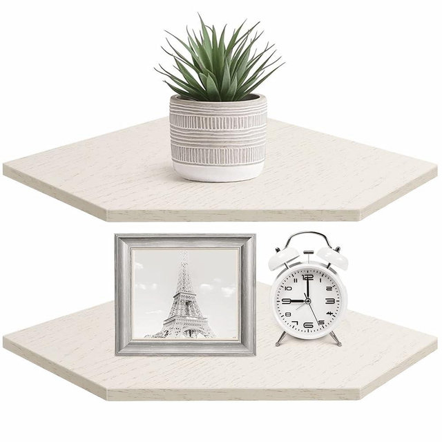 Homode Corner Shelf Wall Mount, Set of 2 Corner Floating Shelves with Cord Hole for Speaker, Cable Box, 2 Tier Wood Hanging Storage Shelf for Bathroom Living Room Bedroom, White