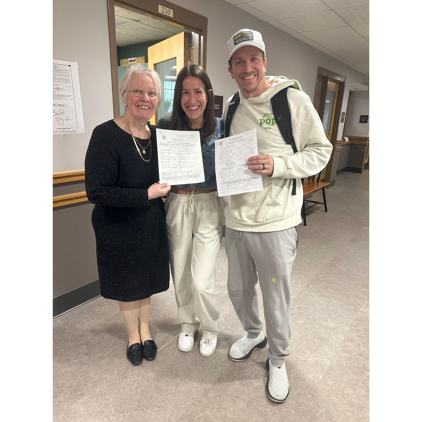 The day we picked up our marriage certificate and lucky for us, Chris's mom was working at the Town Hall that day!