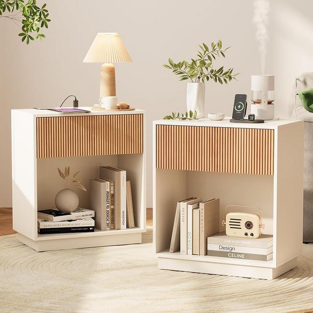 INNOD End Table with Charging Station,Fluted Nightstands Set of 2, Modern Bedside Table with Drawer and Storage Shelf, Wood Mid Century Night Stands for Bedroom Living Room (White)