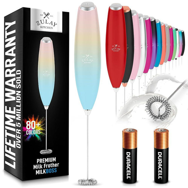 Zulay Kitchen Milk Frother Wand (2 Duracell Batteries Included) - Handheld Milk Frother - Easy-Clean Milk Frother Wand & Drink Mixer - Electric Coffee Frother for Frappe, Matcha - Cupcake