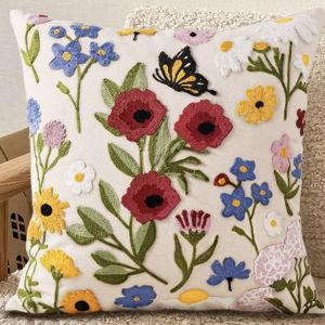 Embroidered Throw Pillow Covers 18x18 Inch - Summer Boho Decorative Pillow Cover with Zipper for Living Room Couch Sofa Bed Aesthetic Design Retro Flower Linen Cushion Pillowcase