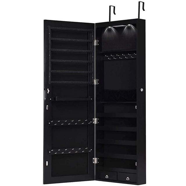 Giantex Wall Door Jewelry Armoire Cabinet with Full-Length Mirror, 2 LEDs Lockable Large Storage Jewelry Organizer with Wide Mirror, Makeup Pouch, Bracelet Rod, Jewelry Amoires w/ 2 Drawers (Black)