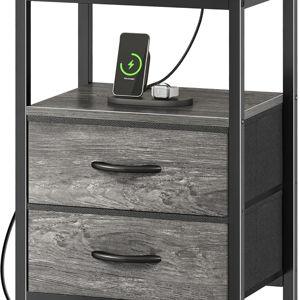 Huuger Nightstand with Charging Station, Fabric Drawers, End Table with Open Shelf, Bedside Table with USB Ports and Outlets, Night Stand for Bedroom, Gray