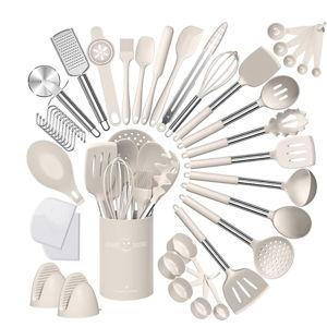 Silicone Stainless Steel Kitchen Cooking Utensil Set, 43 pcs (Khaki)