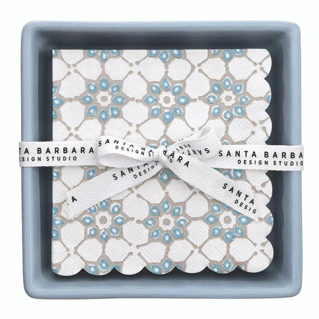 Santa Barbara Design Studio Ceramic Tray and 20 Absorbent 3-Ply Paper Napkins, Cocktail Size (5" Square Napkins), Blue Tile