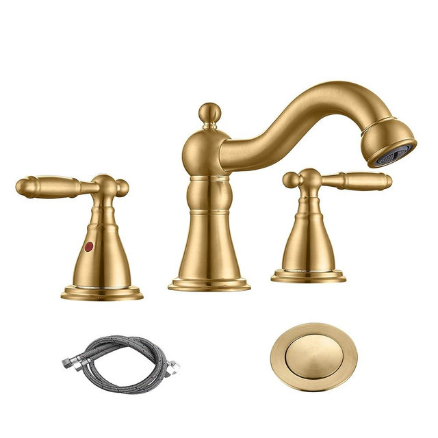 RKF Bathroom Faucets for Sink 3 Hole Brushed Gold 8 inch Widespread Bathroom Sink Faucet with Drain Double Lever Handle Faucet Bathroom Vanity Faucet Basin Mixer Tap Faucet WF013-BG