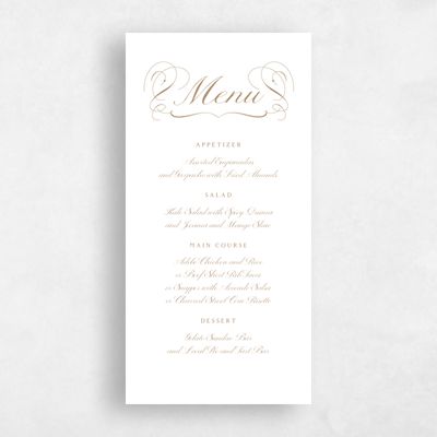 Metallic Bronze, Brown Wedding Menu - Ventana Letterpress