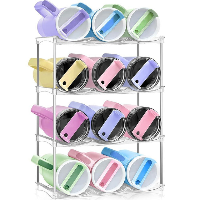 Stackable Water Bottle Organizer - Large Compartment Stanley Cup Holder, Water Bottle Holder for Stanley Tumbler 40oz, Tumbler Organizer Kitchen Pantry Organization and Storage, 4 Tier Storage Rack