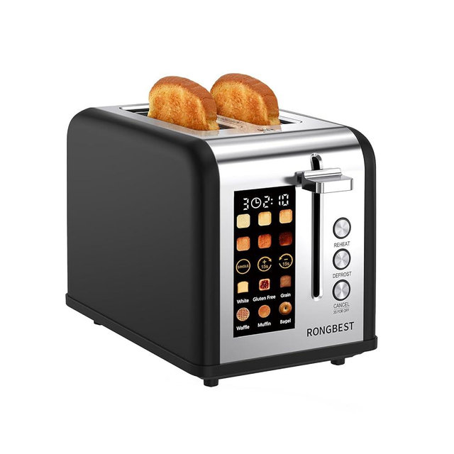 2 Slice Touch Screen Toaster, Stainless Steel Toaster with Wide Slots for Bagels and Bread, Reheat/Defrost/Cancel Functions, Removable Crumb Tray, Matt Black