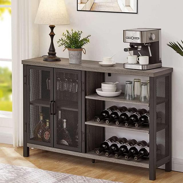 BON AUGURE Industrial Bar Cabinet for Liquor and Glasses, Rustic Liquor Cabinet with Wine Rack and Stemware Rack, Metal Coffee Bar Cabinet for Home (47 Inch, Dark Grey Oak)