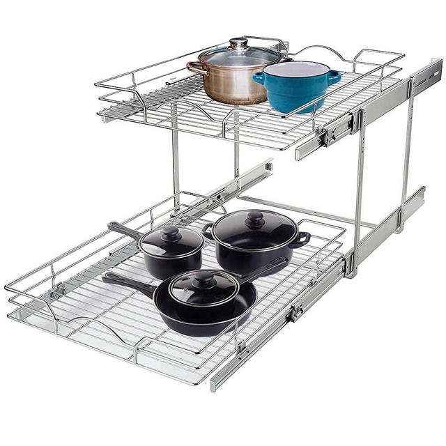 2 Tier Pull Out Cabinet Organizer (14"W x 18"D), Pull out Drawers for Kitchen Cabinets, Pull Out Shelves for Base Cabinet Organization in Kitchen Bathroom Pantry, Chrome Finish