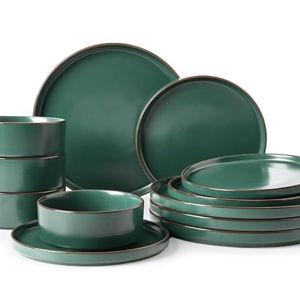 Famiware Nebula Ridge Stoneware Dinnerware Sets, Plates and Bowls Sets for 4, 12 Pieces Dishes Set, Microwave and Dishwasher Safe Kitchen Plates, Dark Green