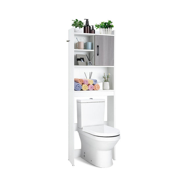 Costway Over The Toilet Storage Cabinet Bathroom Space Saver w/ Open Shelves & Door