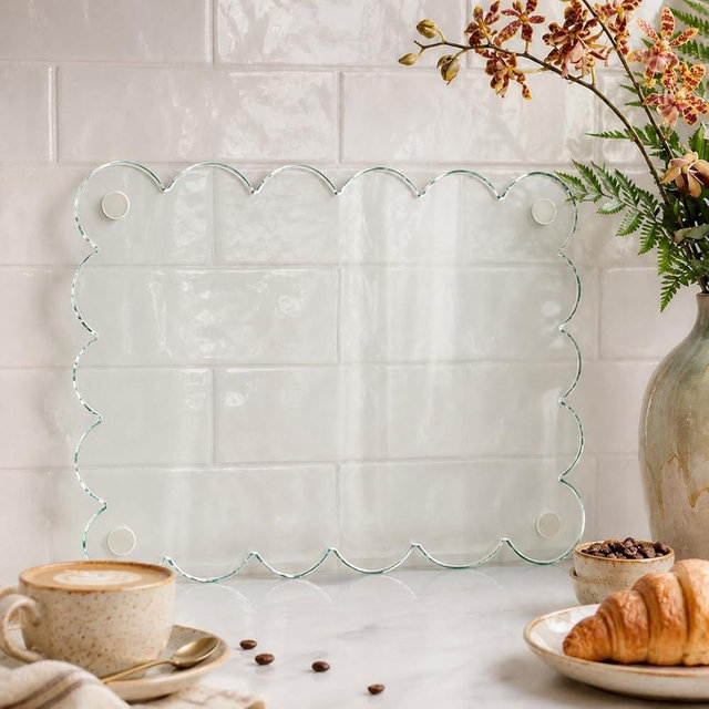 Scalloped Tempered Glass Cutting Board for Kitchen Counter, Clear Glass Chopping Boards with White Silicone Grip, No Scratches Microplastic-Free Non Toxic, Excellent Gift for Mother's and Father's Day