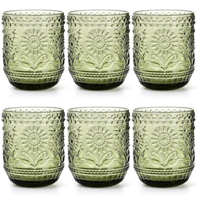 Hacaroa Set of 6 Vintage Drinking Glasses, 12 Oz Green Colored Glassware Floral Embossed Water Glasses, Decorative Beverages Tumblers for Cocktail, Whiskey, Beer