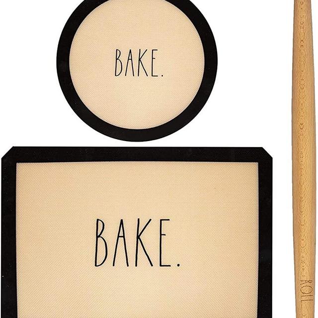 Rae Dunn Everyday Collection 3 Piece Baking Set, Silicone Pastry Baking Mats for Counter, Pie Crust Mat, Beechwood Rolling Pin- by Cook with Color (Black)