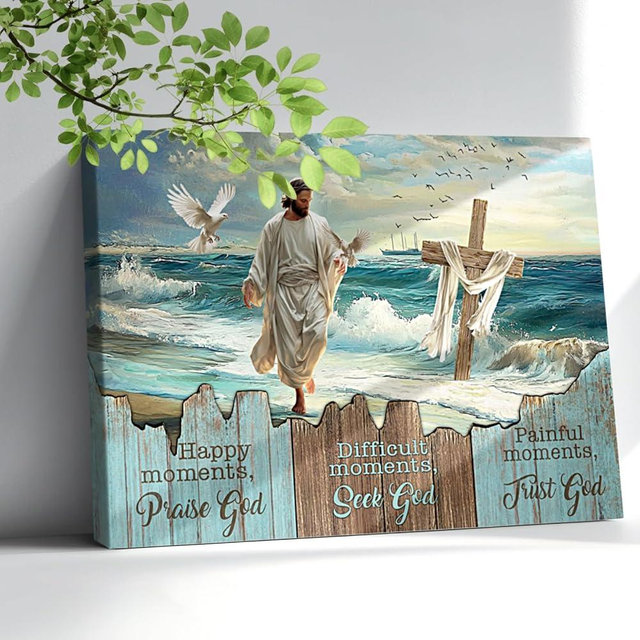 Farmhouse Christian Wall Art Rustic Bible Verse Wall Art Jesus Walking On The Beach Canvas Prints Framed Artwork Vintage Scripture Religious Gifts For Living Room Bedroom Home Decor 12"X16"
