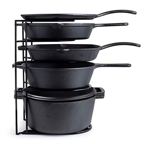 Heavy Duty Pan Organizer, Extra Large 5 Tier Rack - Holds Cast Iron Skillets, Dutch Oven, Griddles - Durable Steel Construction - Space Saving Kitchen Storage - No Assembly Required - Black 15-inch