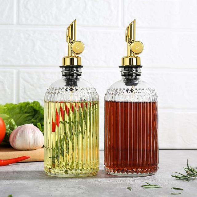 TOLDATLI 12oz Oil and Vinegar Dispenser Set, 2 Pack Olive Oil Dispenser Bottles for Kitchen, Oil Container Cruet Set, Oil Pourer Spout, Funnel and Labels, Heavy duty, Clear