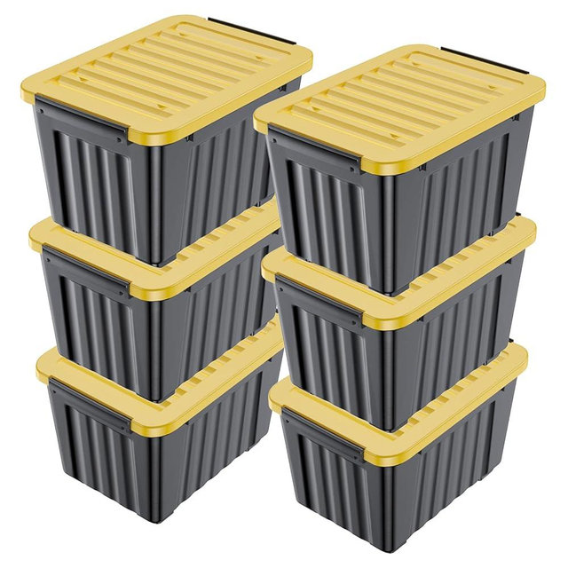 Nazhura 97 Quart Plastic Storage Bin, Stackable and Nestable Storage Boxes with Yellow Lids and Secure Latching Buckles, Large Storage Container (Black/Yellow, 97Quart-6Pack)