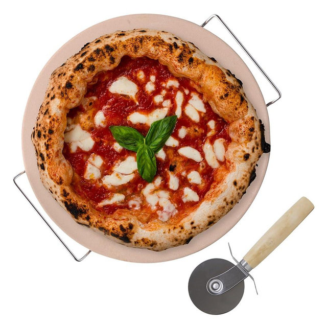 JS Gourmet 15 Inch Round Pizza Stone Set with Stainless Steel Rack and Wheel Pizza Cutter, Even Heat Distribution for Perfect Pizzas