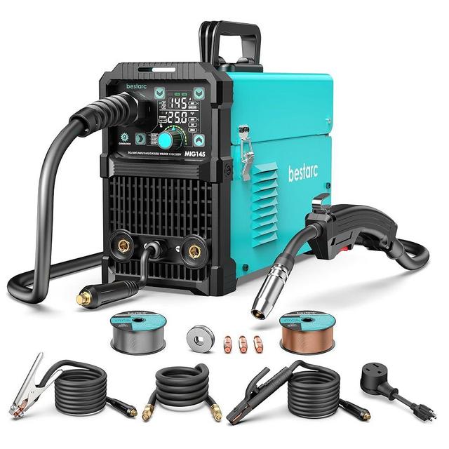 bestarc 145A MIG Welder, 110V/220V Dual Voltage Gas/Gasless Flux Core MIG Welder/Lift TIG/Stick 3 in 1 Synergic MIG145 9GEN Welding Machine, Flux/Solid Welder Digital Screen Display