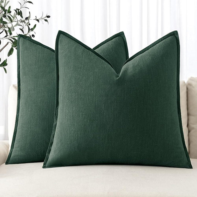 MIULEE Decorative Linen Pillow Covers 24x24 Inch Dark Green ​Boho Farmhouse​ ​Neutral Couch Throw Pillows for Bed Pack of 2 Accent Outdoor Pillowcase Modern Sofa Cushion Livingroom Home Decor