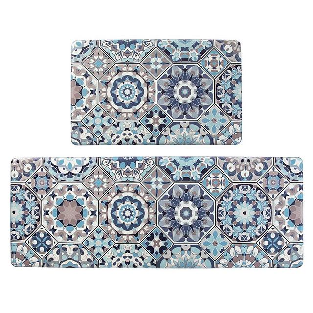 Jabogrii Anti Fatigue Kitchen Mat Set of 2 Blue Cushioned Kitchen Rugs Comfort Floor Mat PVC Waterproof Non Slip Kitchen Carpet Rug Runner for Sink Laundry 17"x48"+17"x28"