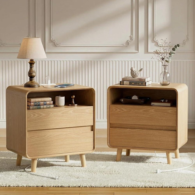 Nasonet Modern Nightstands Set of 2 with Charging Station, Wood End Table Bedroom Nightstands with Drawers, Wide Curved Bedside Table Set 2for Kids Bedroom, Living Room, Oak