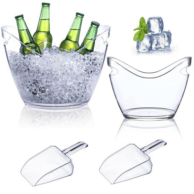 Beverage Tubs for Parties Plastic Ice Bucket for Cocktail Bar Clear Acrylic Wine Bucket with Scoops Drink Bucket Cooler for Chiller Bin Ice Container for Champagne or Beer (8 Liters, 4 Liters)