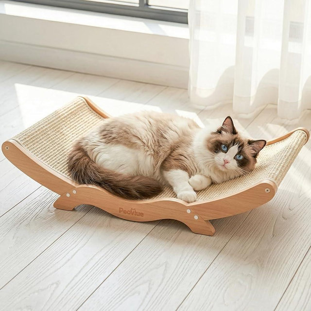 Peoviue Extra-Large Cat Scratcher Bed with Natural Sisal Scratching Pad, Wooden Cat Bed Lounge Hammock for Indoor Cats, Durable Cat Scratching Post Furniture for Large Cats