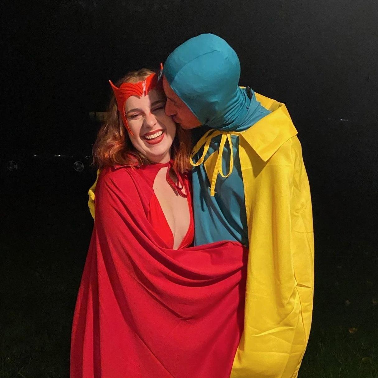 Matthew's love of Marvel comes back to bite him when Liz tells him his Halloween costume will involve red face paint and spandex. Here are the lovebirds dressed as Wanda and Vision from the MCU.