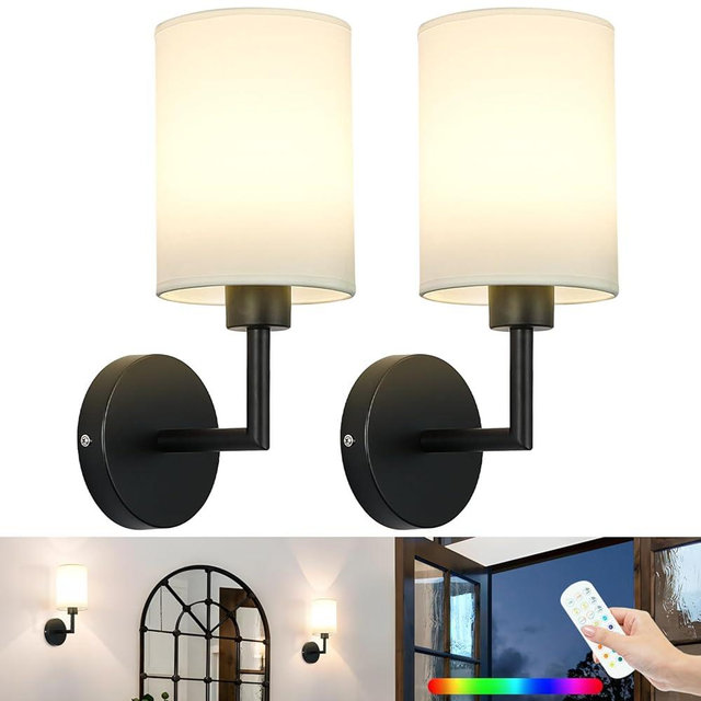 Woderdeng Battery Operated Wall Sconce Set of Two,Dimmable Cordless Wall Sconces,12 Colors Rechargeable Wall Lights,Wall Lamps for Bedroom,Living Room (Black)