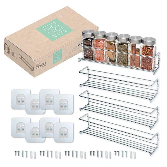 Spice Racks Wall Mount - Organizer for Cabinet - Pantry Door - Seasonings and Spices Cabinets Storage Holder - Adhesive Shelf No Drill Needed Hanging Option  - Set of 4 Shelves.