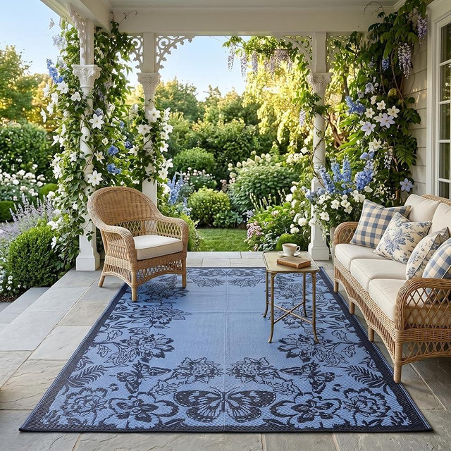 Garvee 5’x8’ Waterproof Patio Outdoor Rug, Outdoor Plastic Straw Rug for Camping, RV Mat Outside, Indoor Outdoor Carpet for Porch, Deck, Backyard, Balcony, Picnic, Dark Blue & Teal