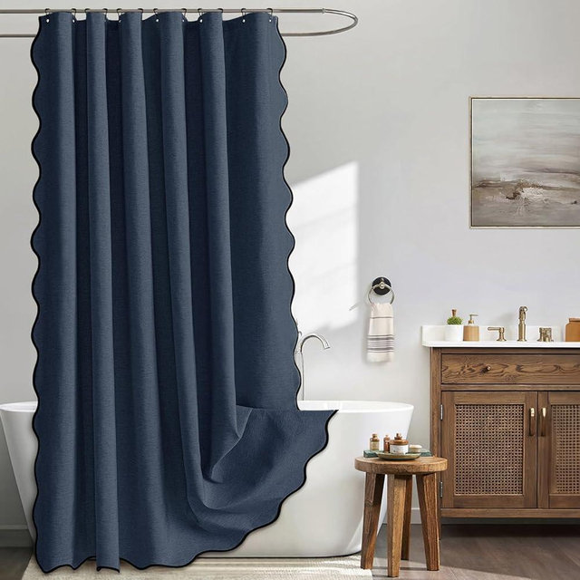 MIULEE Navy Scalloped Shower Curtain Linen Textured with 12 Metal Hooks Cute Heavy Duty Washable Waterproof Thick Cloth Shower Curtains with Black Border for Bathroom Hotel Bathtub,W72*L72