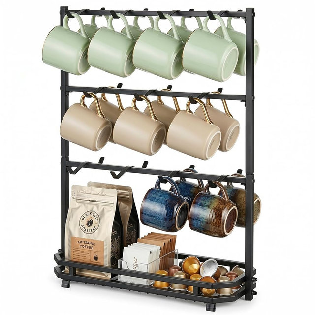 Samhe Coffee Mug Holder for Countertop, 22 Hooks 3 Tier Mug Tree Holder Rack, Metal Coffee Cup Holder with Storage Base for K-Cups, Tea Bags & Paper Cups - Black