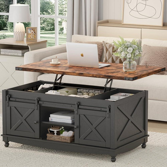 ALLSTAND 48" Farmhouse Lift Top Coffee Table with Storage Sliding Barn Door & Large Hidden Compartment, Coffee Table with Lifting Top with Wooden Lift Tabletop, Coffee Table for Living Room, Black