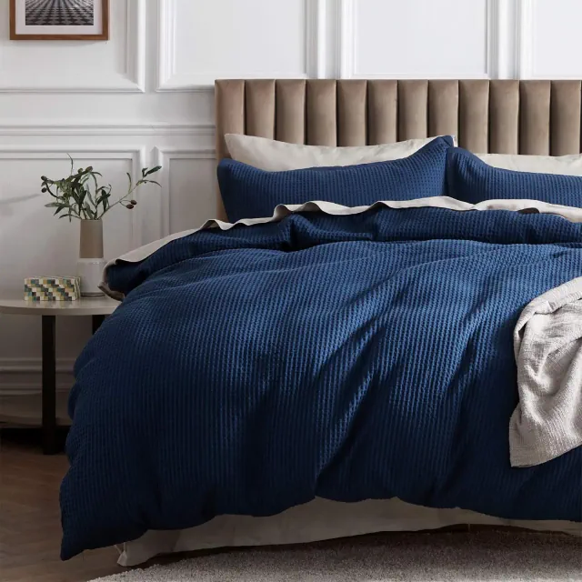 3 Pieces Bedsure Cotton Duvet Cover King Navy 100 Percent Cotton Waffle Weave Bedding Set GentleSoft Breathable All Season OEKO-TEX Mother's Day Gift