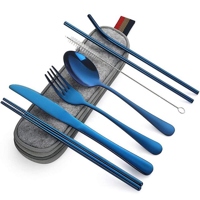 Devico Portable Utensils, Travel Camping Cutlery Set, 8-Piece including Knife Fork Spoon Chopsticks Cleaning Brush Straws Portable Case, Stainless Steel Flatware set (8-piece Blue)