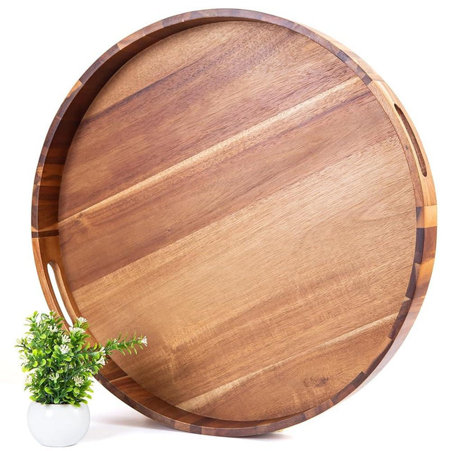 Decent Vrvege Extra Large Round Ottoman Coffee Table Tray, 22" Big Kitchen Serving Trays for Huge Ottoman Counter Giant Decorative Organizer, Huge Wood Serveware Tray with Built-in Handle for Big Job