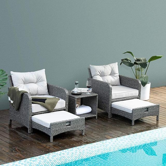 PAMAPIC 5 Pieces Wicker Patio Furniture Set Outdoor Patio Chairs with Ottomans(Gray)