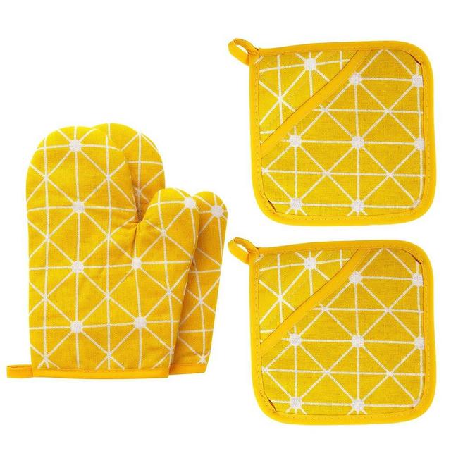 IEIK Oven Mitts and Potholders, Kitchen Mitts and Pot Holders with Recycled Cotton Non-Slip Cooking Gloves for BBQ Cooking Baking Grilling, Set of 4 (Yellow)