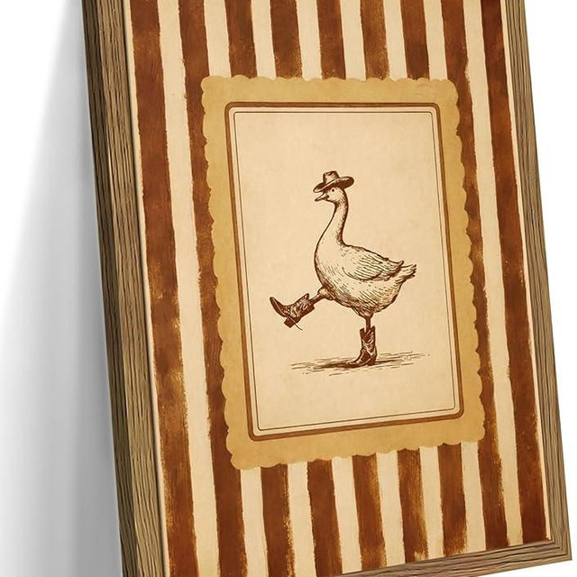 Vintage Cowboy Goose Wall Art, Western Silly Goose Canvas Wall Decor Painting, Funny Dancing Duck Animal Poster Print Picture for Nursery Living Room Bedroom Bathroom 12x16 Inch Framed