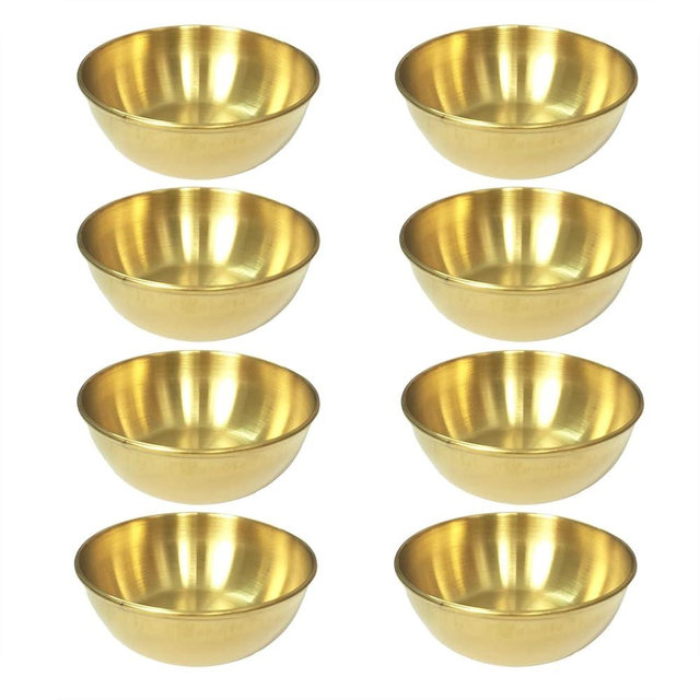 Set of 8 Stainless Steel Dipping Sauce Bowls, Soy Sauce Dishes, Seasoning Plate, Small Round Saucers, Appetizer Plate for Sushi, Side Dishes, Dessert, Tomato Sauce, Soy, BBQ, 3.27"x3.27"x 1.14" Gold