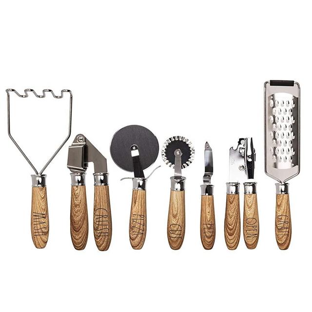 Rae Dunn Everyday Collection 7 Piece Wooden and Stainless Steel Kitchen Gadget Set, Kitchen Tools with Wooden Handles- by Cook with Color